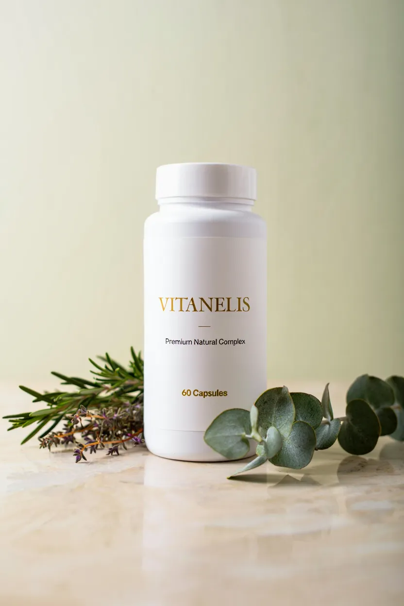 Vitanelis natural wellness supplement bottle with botanical ingredients displayed on a clean white surface